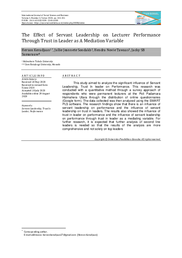 (PDF) The Effect of Servant Leadership on Lecturer Performance Through ...