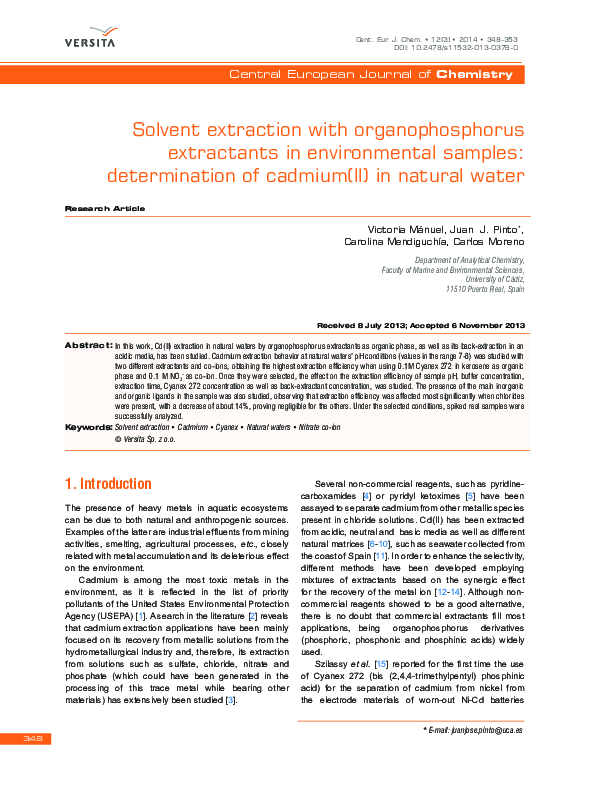 Solvent extraction with organophosphorus extractants in environmental samples: determination of cadmium(II) in natural water