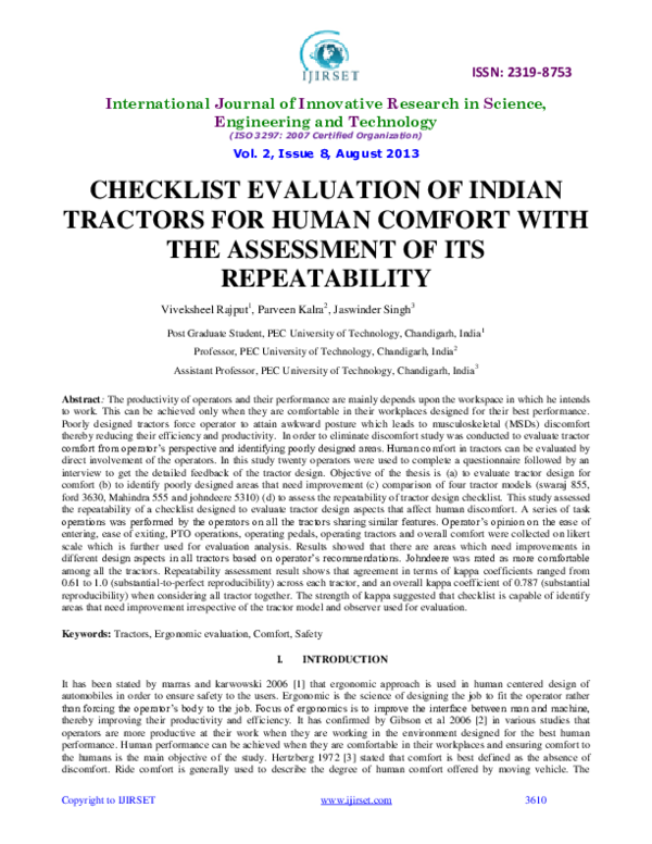 (PDF) Checklist Evaluation of Indian Tractors for Human Comfort with ...