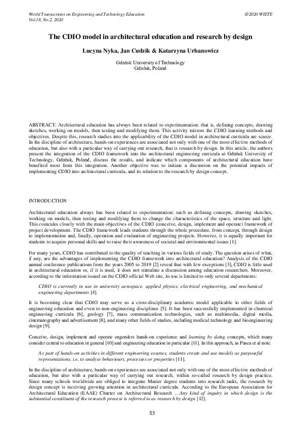 (PDF) The CDIO model in architectural education and research by design