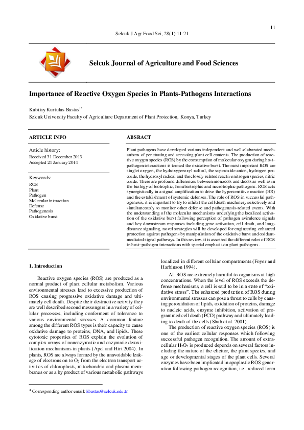 (PDF) Importance of Reactive Oxygen Species in Plants-Pathogens ...