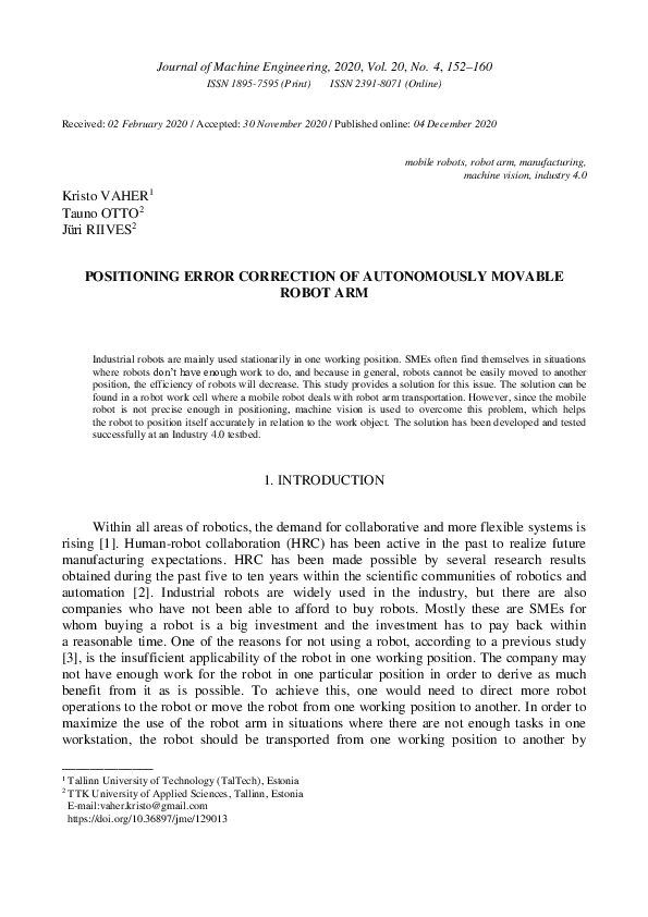 (PDF) Positioning Error Correction of Autonomusly Movable Robot Arm