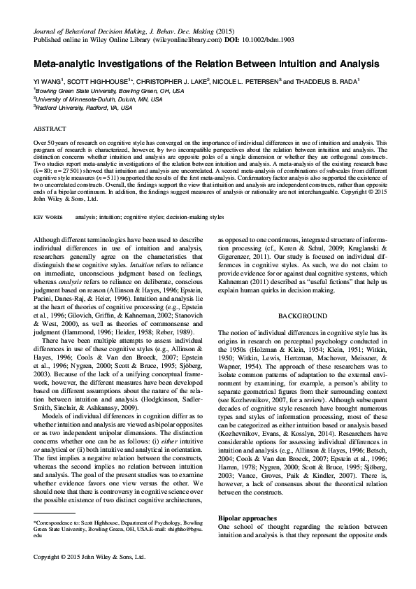 (PDF) Meta-analytic Investigations of the Relation Between Intuition ...