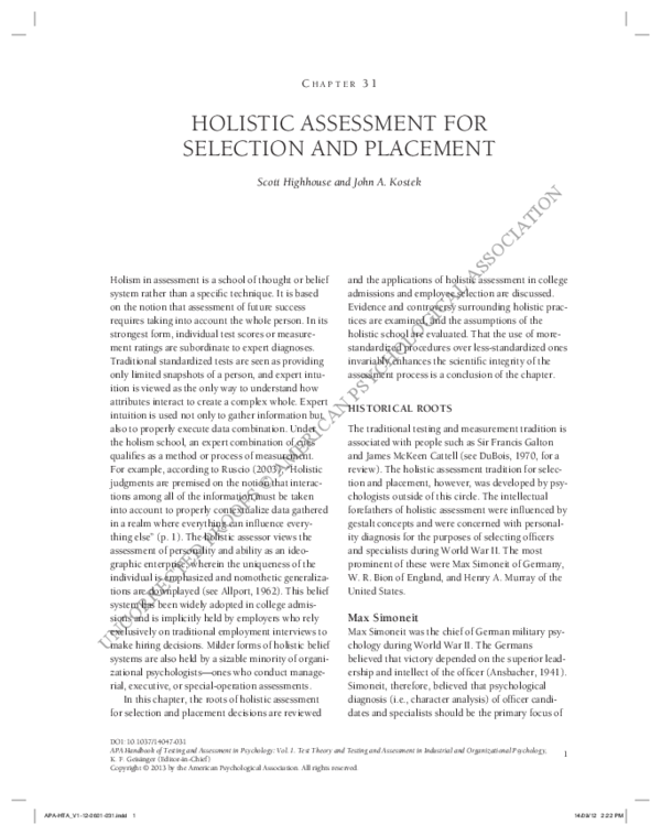 Pdf Holistic Assessment For Selection And Placement Pdf Holistic Assessment For Selection And Placement