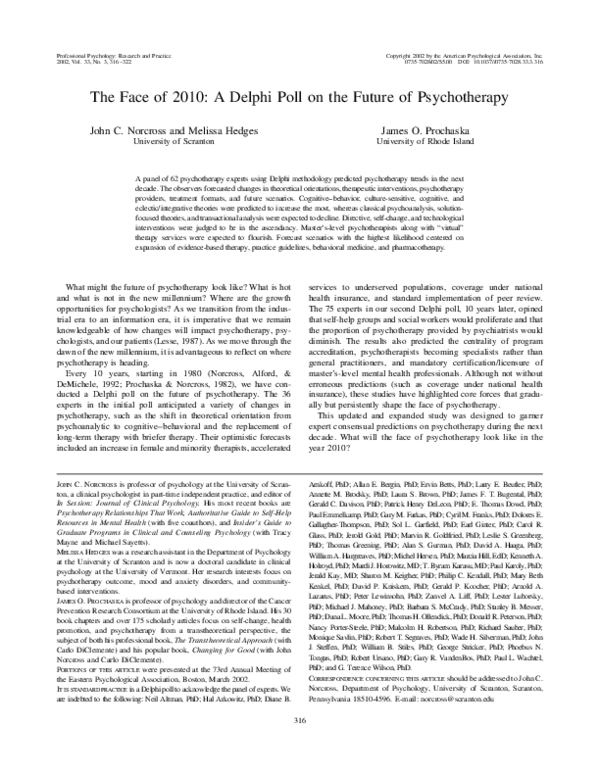 (PDF) The Face of 2010: A Delphi Poll on the Future of Psychotherapy