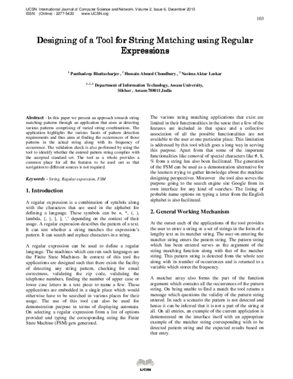 (PDF) Designing of a Tool ool for String Matching using Regular Expressions