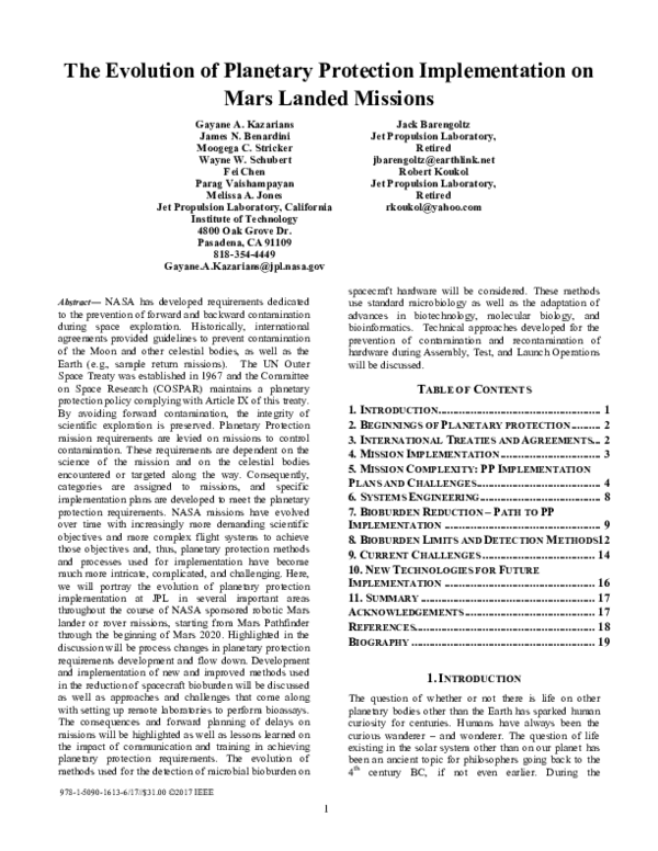 (PDF) The Evolution of planetary protection implementation on Mars ...