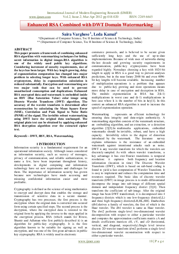 (PDF) Enhanced RSA Combined with DWT Domain Watermarking