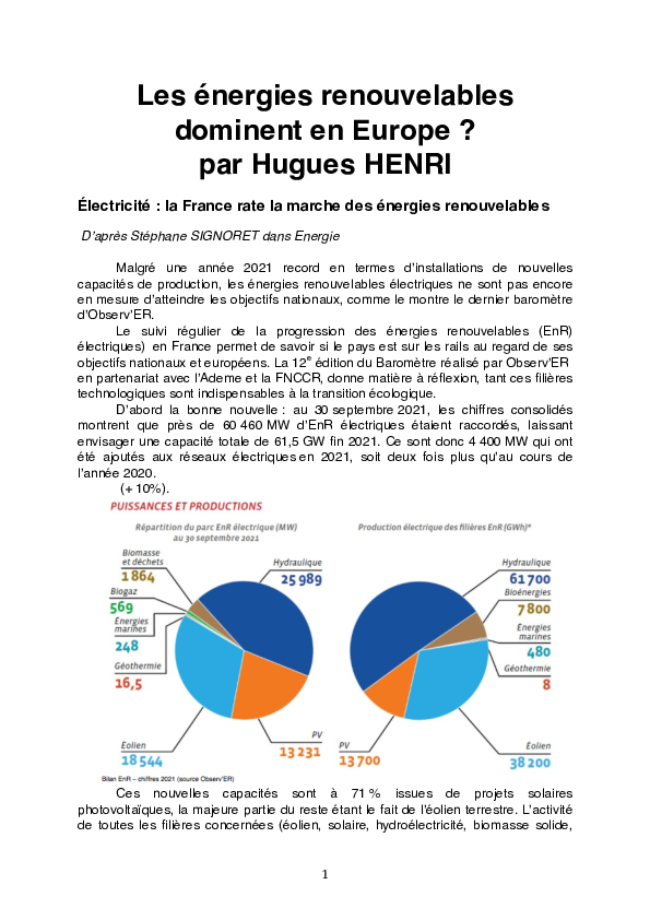 (PDF) Les énergies renouvelables dominent en Europe? par Hugues HENRI