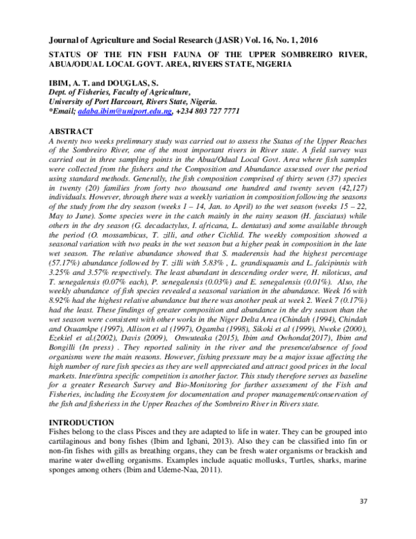 (PDF) Status of the fin fish fauna of the upper Sombreiro River, Abua ...
