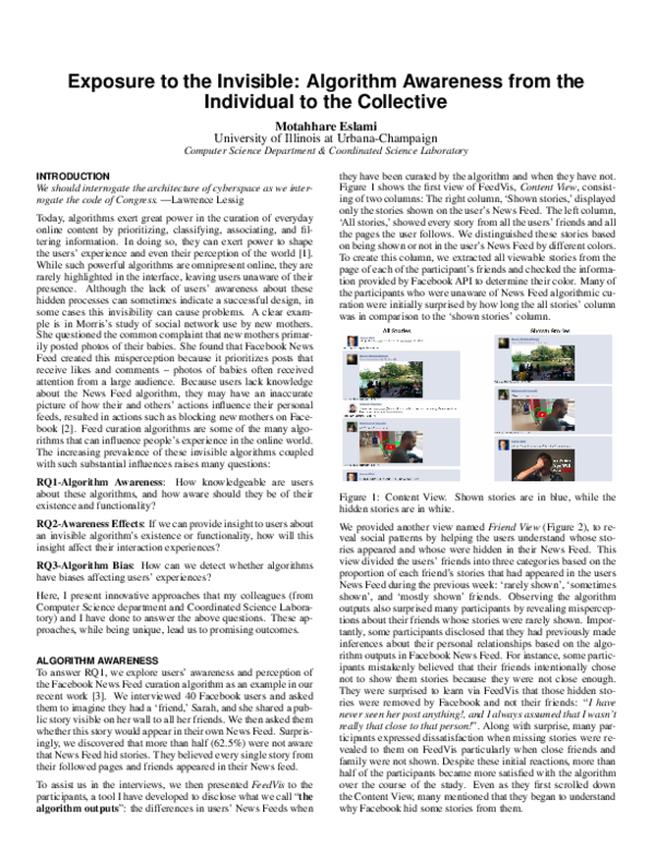 (PDF) Exposure to the Invisible : Algorithm Awareness from the ...