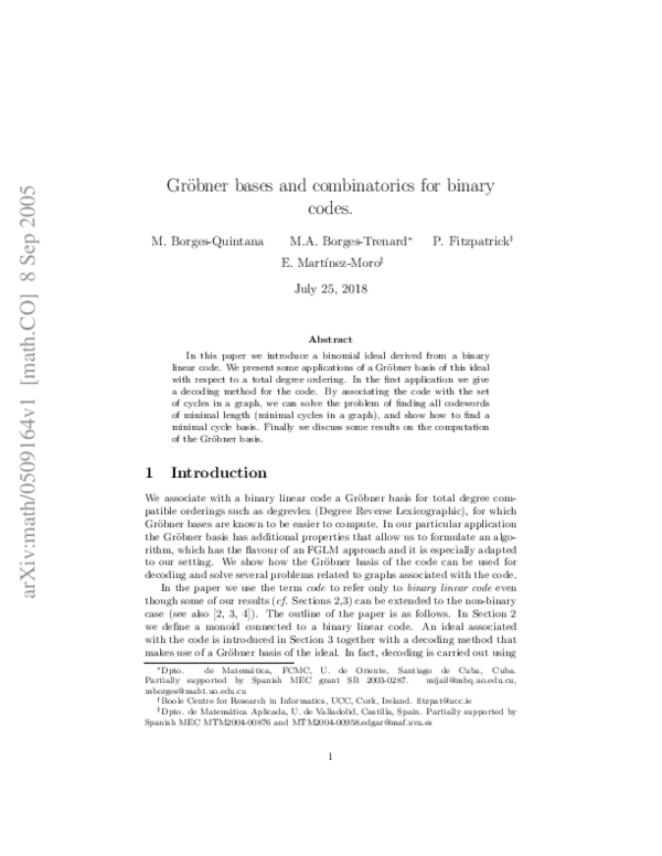 (PDF) Groebner bases and combinatorics for binary codes