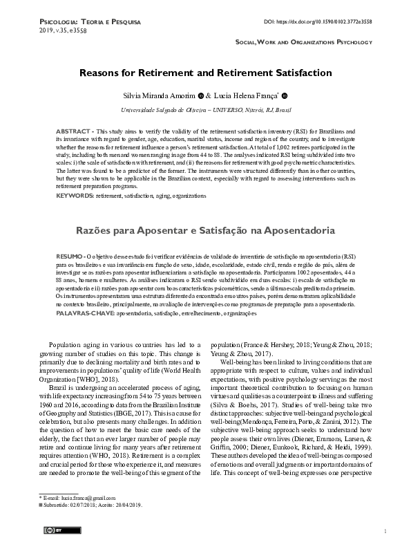 (PDF) Reasons for Retirement and Retirement Satisfaction