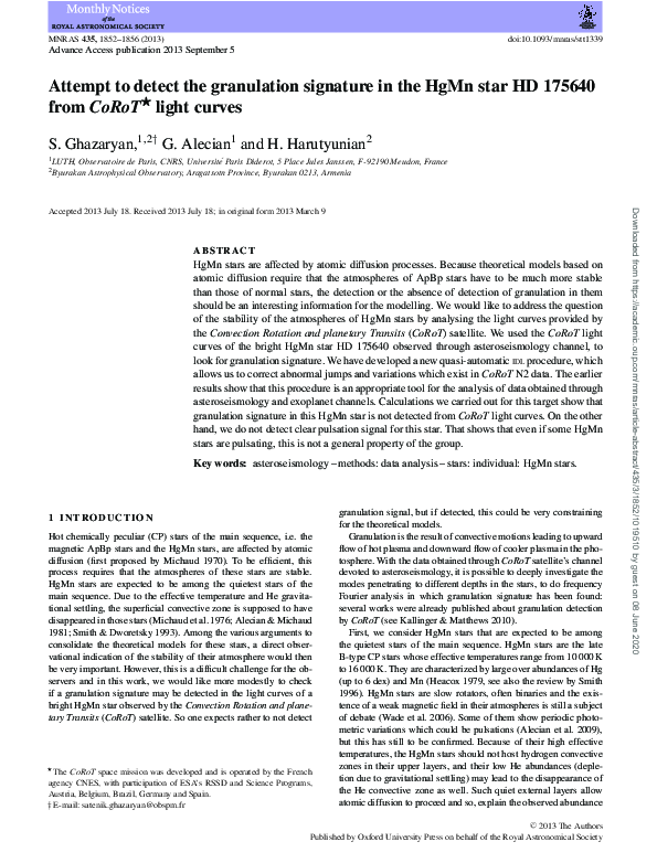 (PDF) Attempt to detect the granulation signature in the HgMn star HD ...