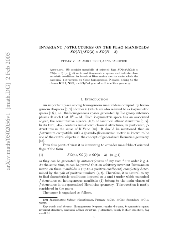 (PDF) 5 INVARIANT f-STRUCTURES ON THE FLAG MANIFOLDS