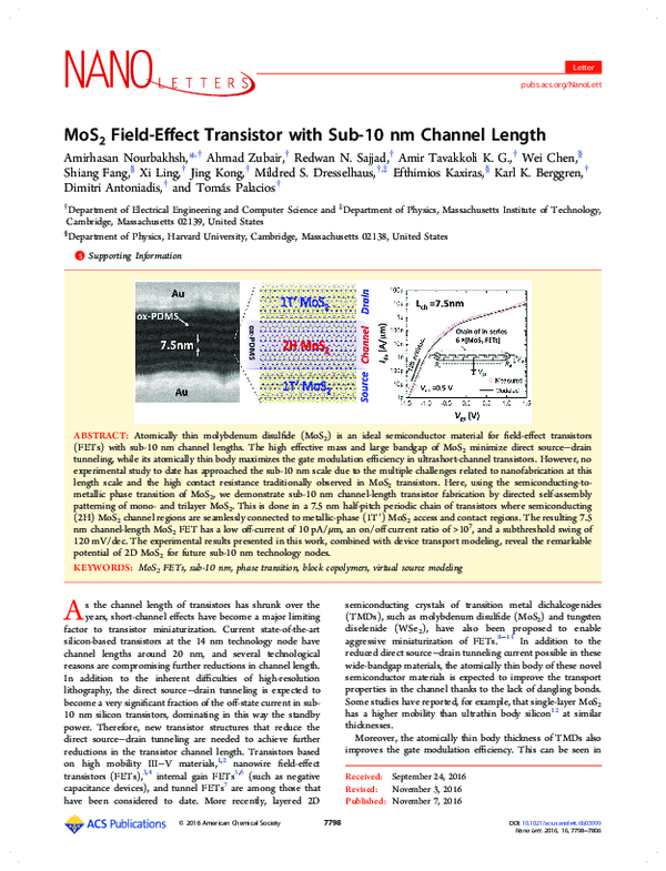 (PDF) MoS2 FieldEffect Transistor with Sub10 nm Channel Length