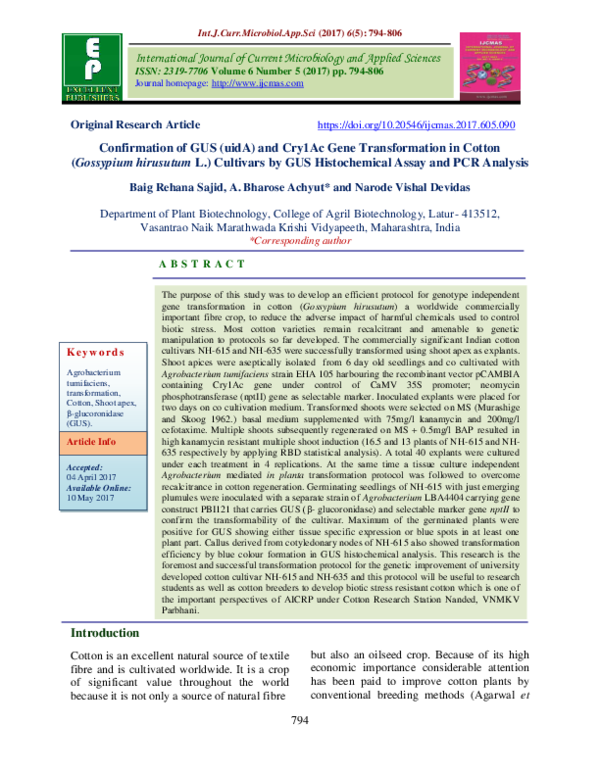 (PDF) Confirmation of GUS (uidA) and Cry1Ac Gene Transformation in ...