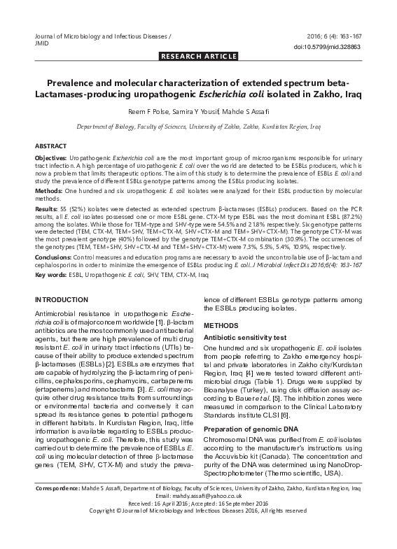 (PDF) Prevalence and molecular characterization of extended spectrum ...