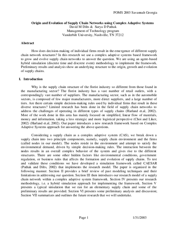 (PDF) Origin and Evolution of Supply Chain Networks using Complex ...