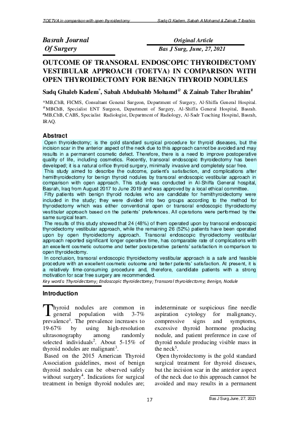(PDF) Outcome of Transoral Endoscopic Thyroidectomy Vestibular Approach ...