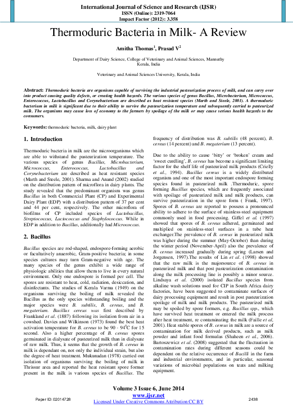 (PDF) Thermoduric Bacteria in Milk A Review Amitha Thomas Academia.edu