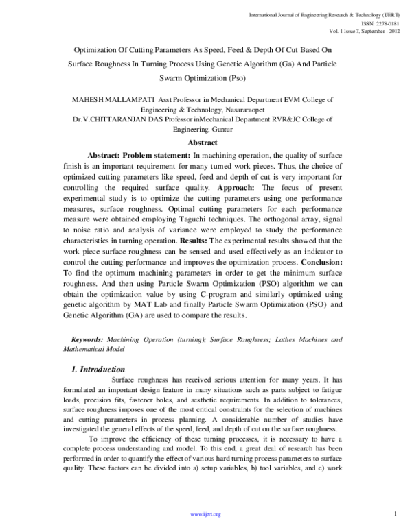 (PDF) Optimization Of Cutting Parameters As Speed, Feed & Depth Of Cut ...