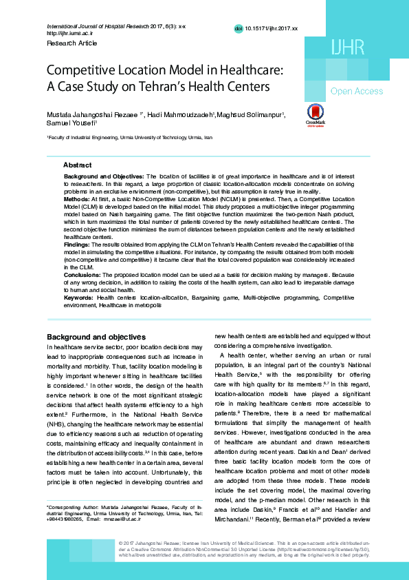 (PDF) Competitive Location Model in Healthcare: A Case Study on Tehran ...