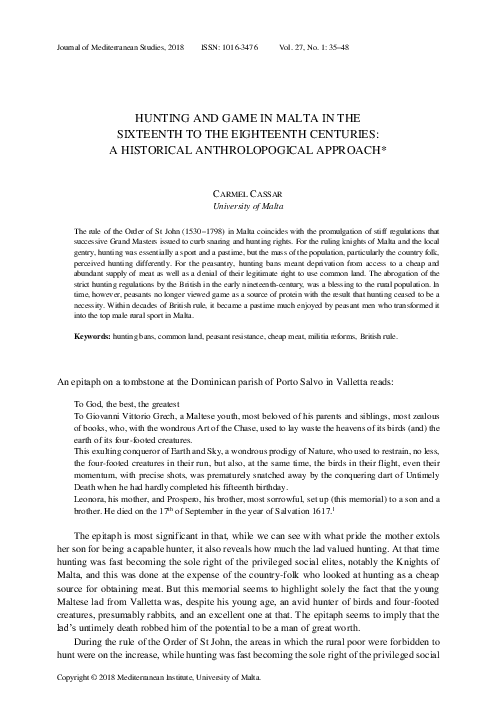 Hunting and Game in Malta in the Sixteenth to the Eighteenth Centuries: A Historical Anthrolopogical Approach