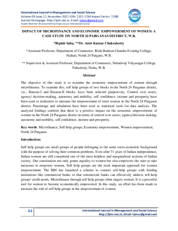 (PDF) IMPACT OF MICROFINANCE AND ECONOMIC EMPOWERMENT OF WOMEN: A CASE ...