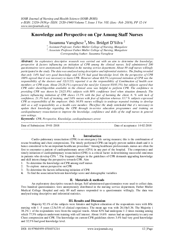(PDF) Knowledge and Perspective on Cpr Among Staff Nurses