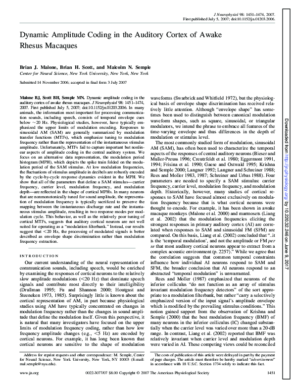 (PDF) Dynamic Amplitude Coding in the Auditory Cortex of Awake Rhesus ...