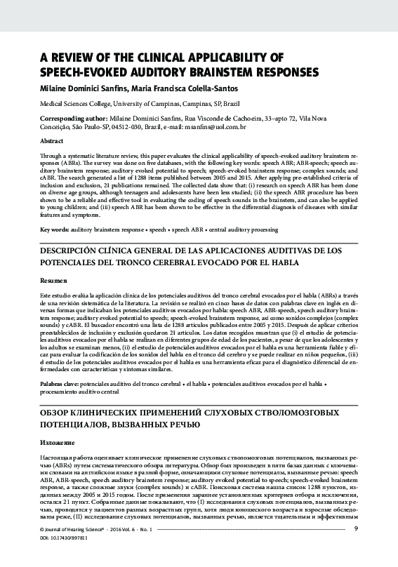 (PDF) A Review of the Clinical Applicability of Speech-Evoked Auditory ...