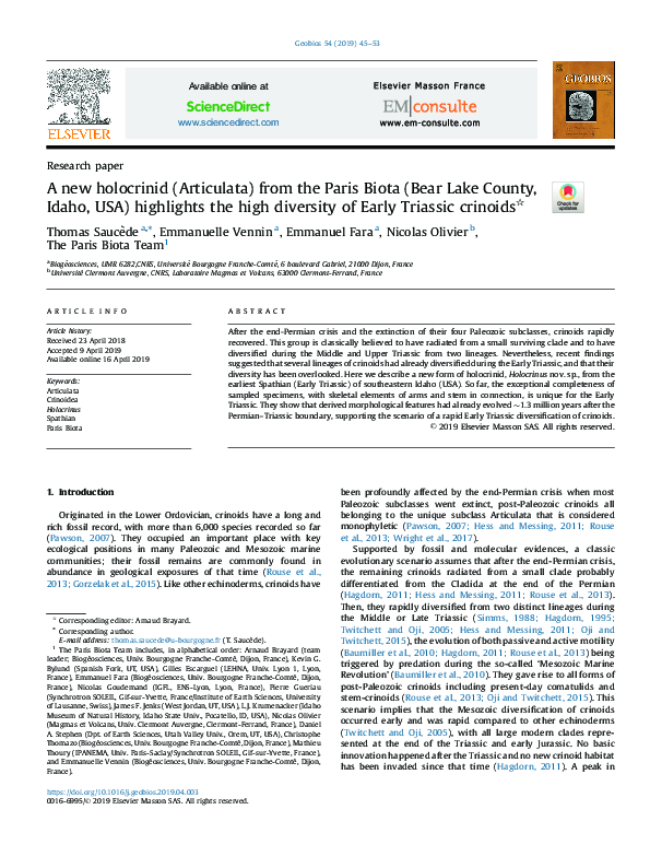 (PDF) A new holocrinid (Articulata) from the Paris Biota (Bear Lake ...