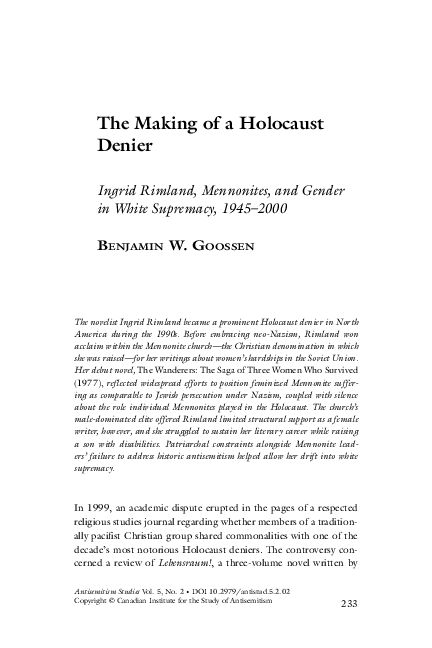 (PDF) The Making of a Holocaust Denier: Ingrid Rimland, Mennonites, and ...