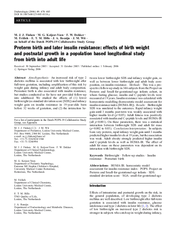 (PDF) Preterm birth and later insulin resistance: effects of birth ...