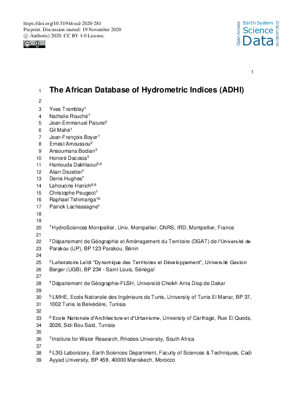 (PDF) The African Database of Hydrometric Indices (ADHI)