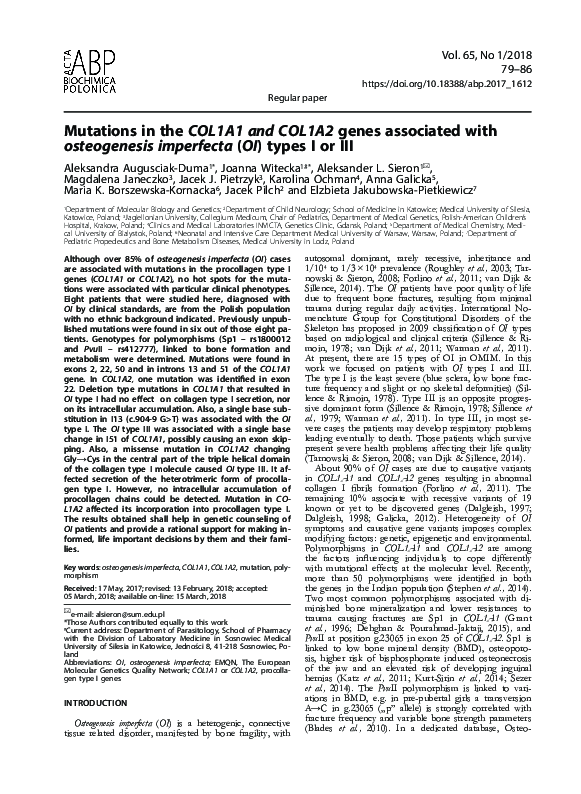 (PDF) Mutations in COL1A1 and COL1A2 Genes Associated with Osteogenesis ...