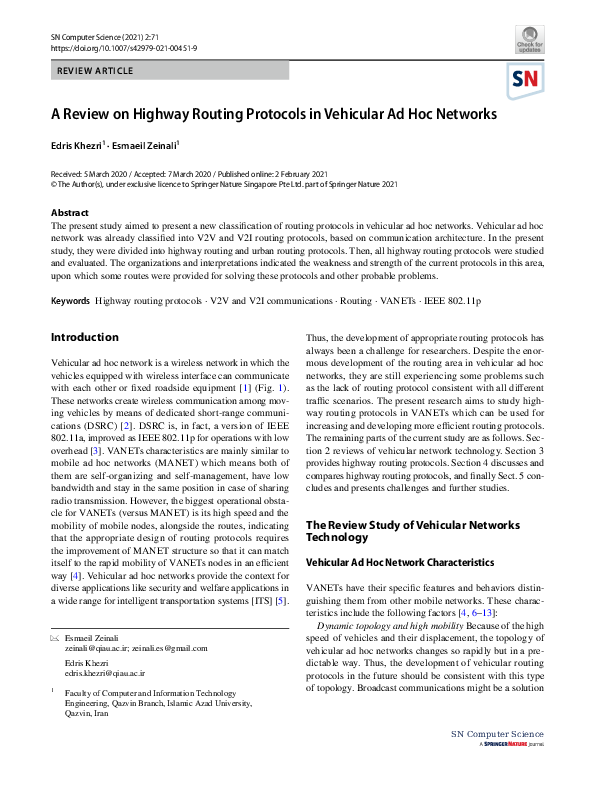 (PDF) A Review on Highway Routing Protocols in Vehicular Ad Hoc Networks