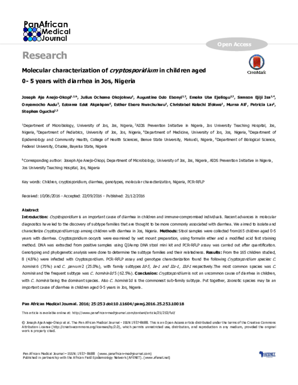 (PDF) Molecular characterization of cryptosporidium in children aged 0 ...