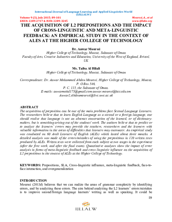 (PDF) The Acquisition of L2 Prepositions and the Impact of Cross ...