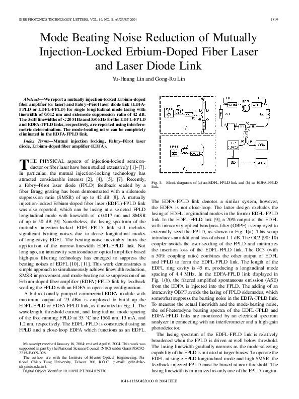 (PDF) Mode beating noise reduction of mutually injection-locked erbium ...