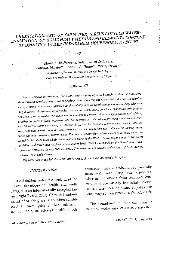(PDF) Chemical Quality of Tap Water versus Bottled Water: Evaluation of ...