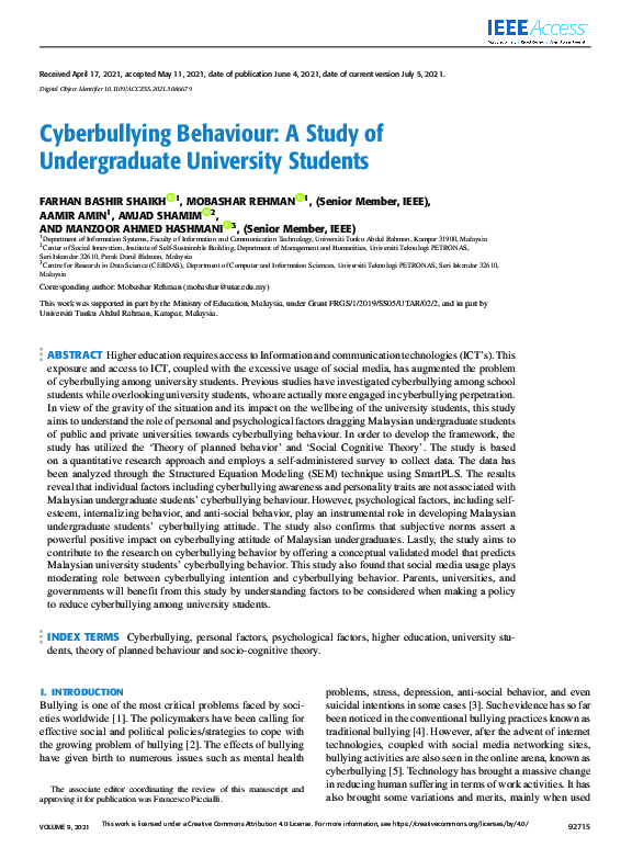 (PDF) Cyberbullying Behaviour: A Study of Undergraduate University Students