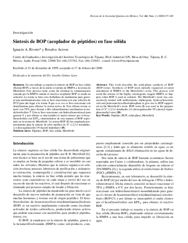 (PDF) Síntesis de BOP (acoplador de péptidos) en fase sólida Ignacio Rivero Academia.edu
