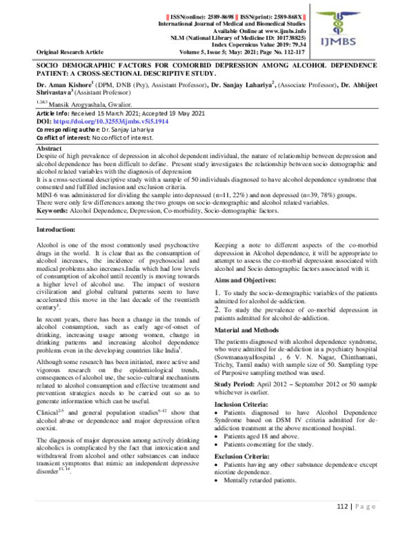 (PDF) Socio Demographic Factors for Comorbid Depression Among Alcohol ...