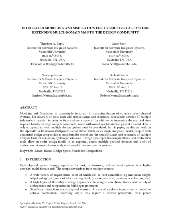 (PDF) Integrated Modeling and Simulation for Cyberphysical Systems ...