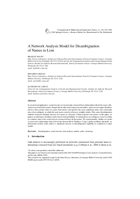(PDF) A network analysis model for disambiguation of names in lists