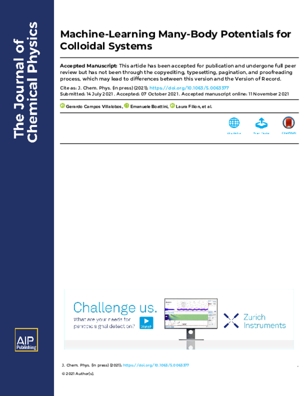 (PDF) Machine learning many-body potentials for colloidal systems