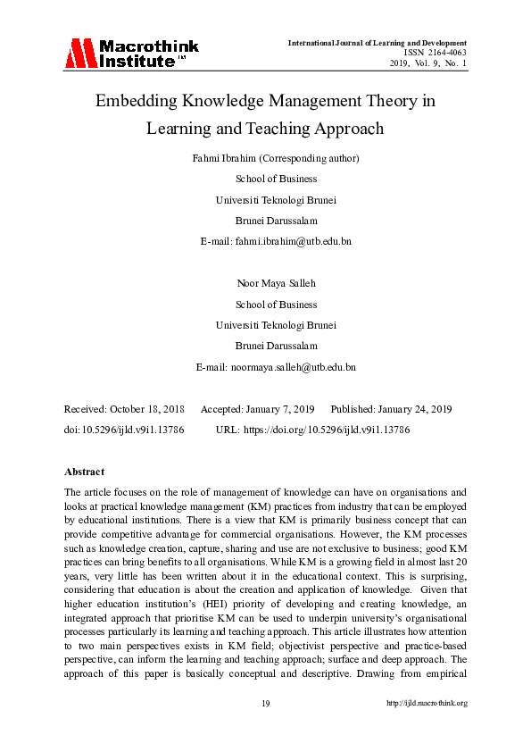 (PDF) Embedding Knowledge Management Theory in Learning and Teaching ...