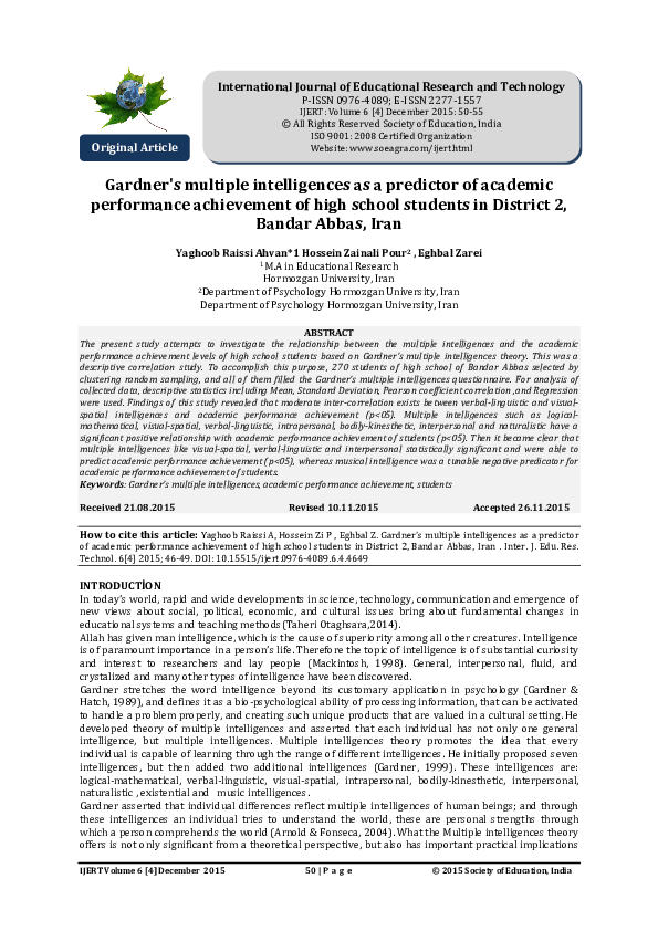 (PDF) Gardner's multiple intelligences as a predictor of academic ...